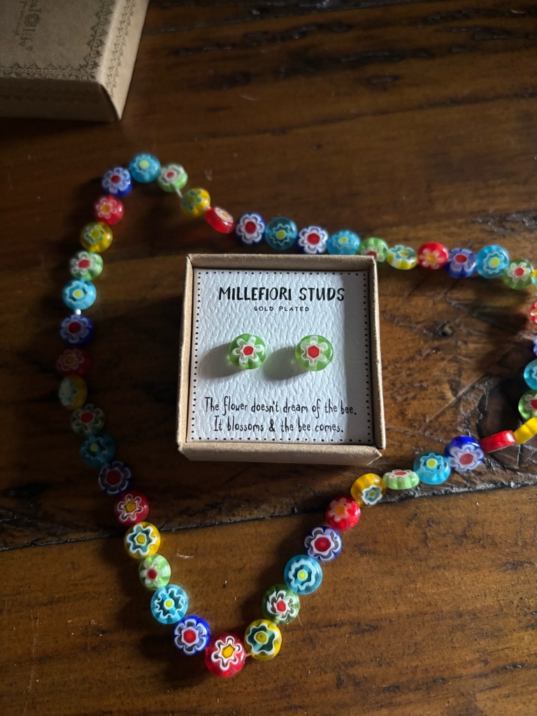 Millefiori Floral Stud Earrings With Multicolor Flower Necklace